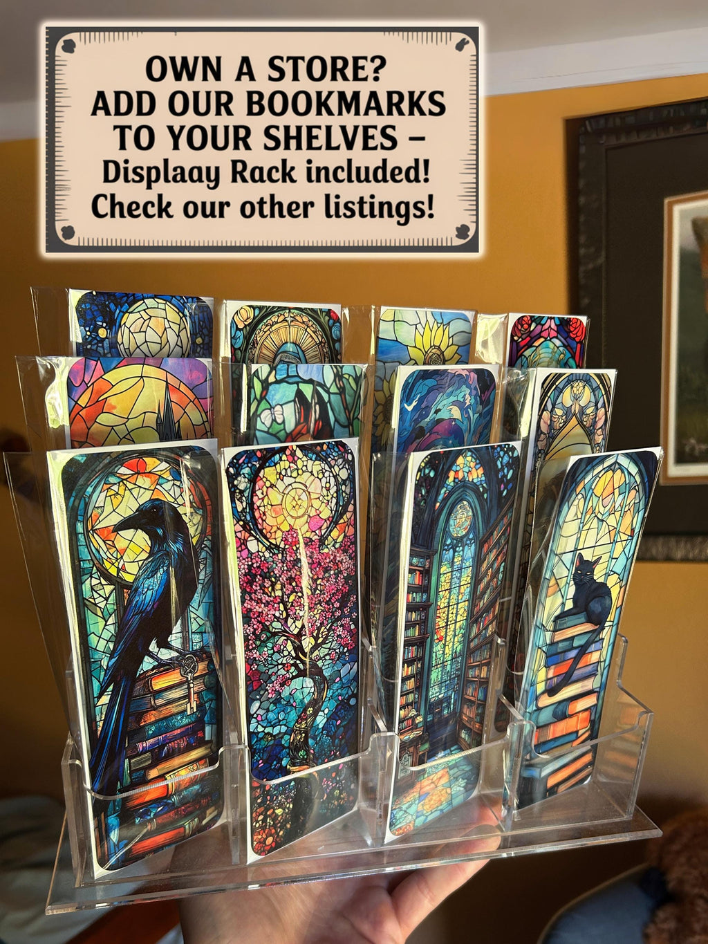 Stained glass owl bookmark with vintage book stack, wise brown owl perched on books