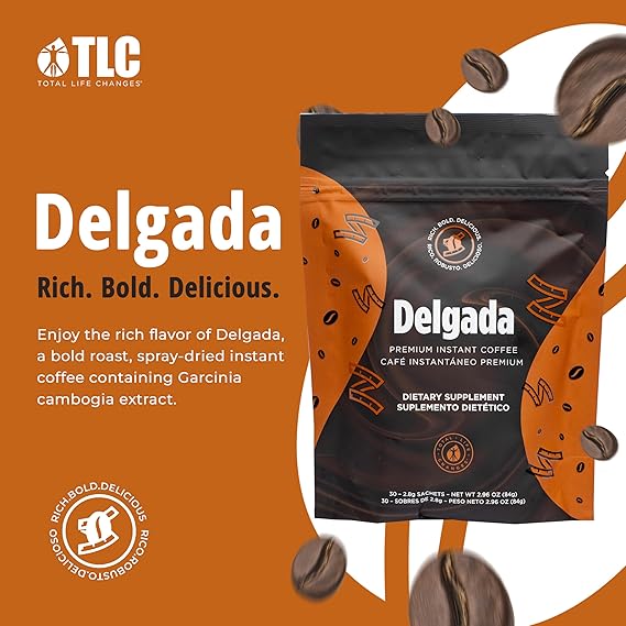 Delgada Instant Coffee with Garcinia Cambogia & Ganoderma – Premium Weight Management Coffee, Rich Bold Flavor, 30 Sachets