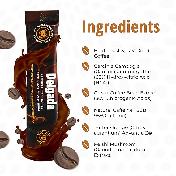 Delgada Instant Coffee with Garcinia Cambogia & Ganoderma – Premium Weight Management Coffee, Rich Bold Flavor, 30 Sachets