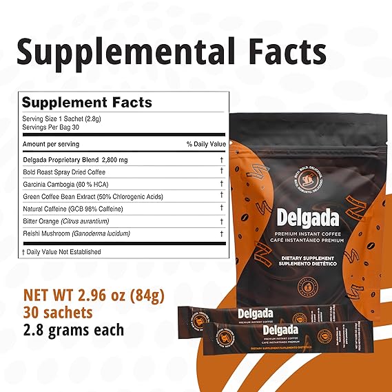 Delgada Instant Coffee with Garcinia Cambogia & Ganoderma – Premium Weight Management Coffee, Rich Bold Flavor, 30 Sachets